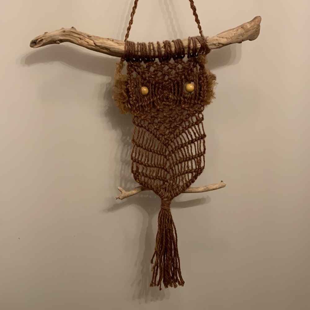 Large Handmade Vintage Groovy 70’s Macrame Brown Owl on Driftwood Bead Eyes